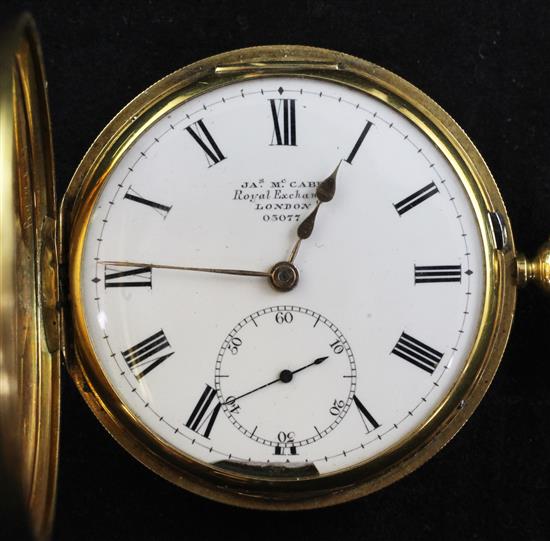 A Victorian 18ct gold keywind lever half hunter pocket watch by McCabe, Royal Exchange, London,